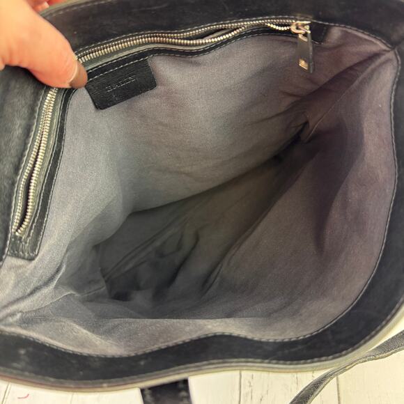 Bally Black Leather and Canvas Basca Shoulder Tote Bag Signature Front B Pocket - Picture 9 of 14